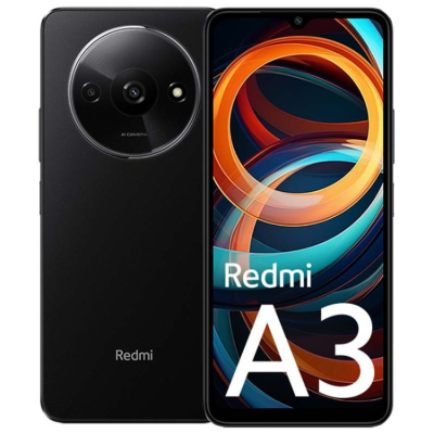 Telemóvel Redmi A3 preto com câmara dupla circular e ecrã com entalhe