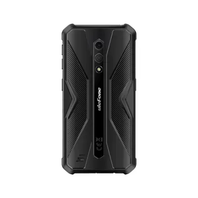 Smartphone preto resistente Ulefone com duas câmeras e flash LED visto de trás