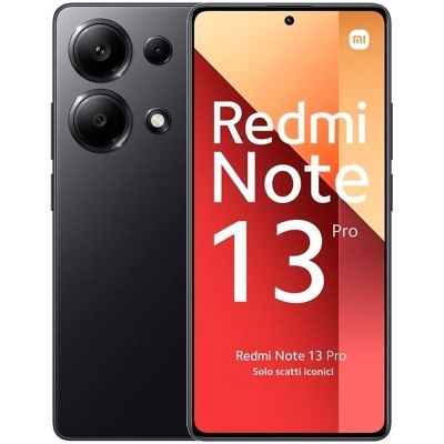 Smartphone Redmi Note 13 Pro preto com três câmaras traseiras e ecrã com texto visível.