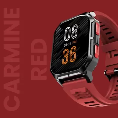 Relógio inteligente com bracelete vermelha, ecrã digital e fundo vermelho com texto