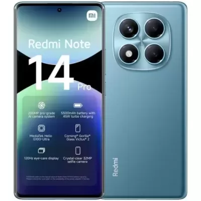 Smartphone Redmi Note 14 Pro azul com quatro câmaras traseiras e ecrã frontal iluminado