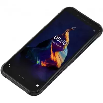 Smartphone preto com ecrã tátil mostrando data, hora e imagem abstrata