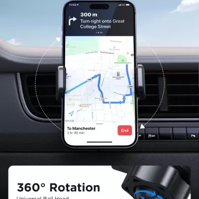 Suporte para telemóvel de carro preto com rotação de 360 graus montado na saída de ar