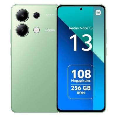 Smartphone Redmi Note 13 verde claro com texto no ecrã