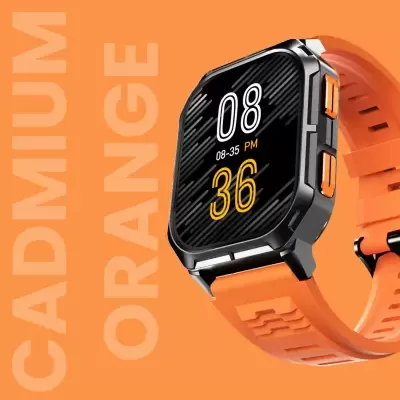 Relógio inteligente com bracelete laranja cadmium e mostrador preto