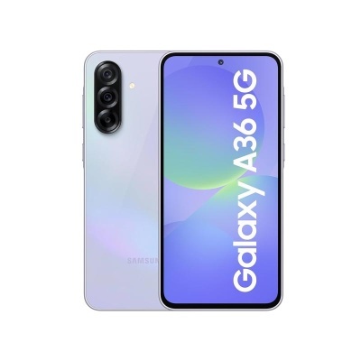 Smartphone Samsung Galaxy A36 5G lilás com três câmaras e ecrã frontal azul e roxo