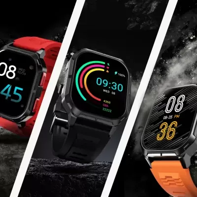 Três relógios inteligentes com braceletes vermelha, preta e laranja mostrando diferentes ecrãs coloridos.