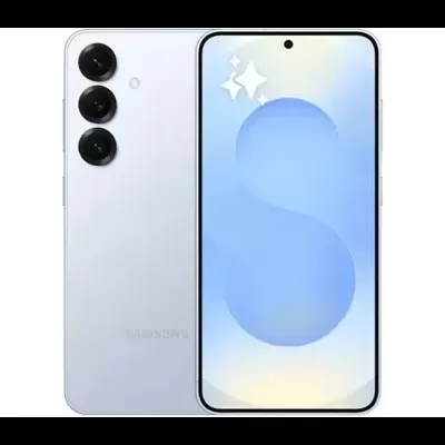 Smartphone Samsung branco prateado com três câmaras traseiras e ecrã frontal grande.