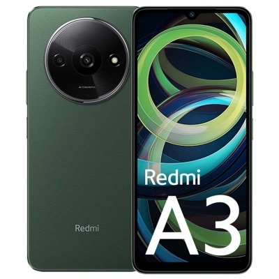 Smartphone Redmi A3 verde com câmeras traseiras circulares e ecrã frontal