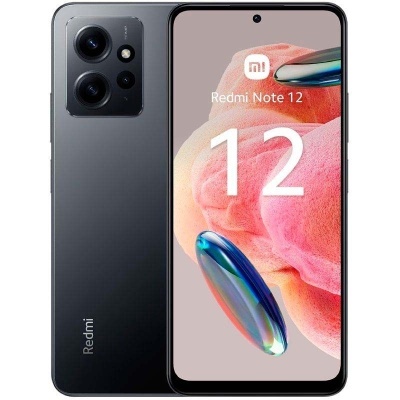 Smartphone Redmi Note 12 cinzento escuro com ecrã ligado e três câmaras