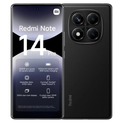 Smartphone Redmi Note 14 Pro preto com ecrã e traseira visíveis