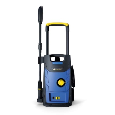 Lavadora pressão azul e preta com detalhes amarelos e texto Michelin
