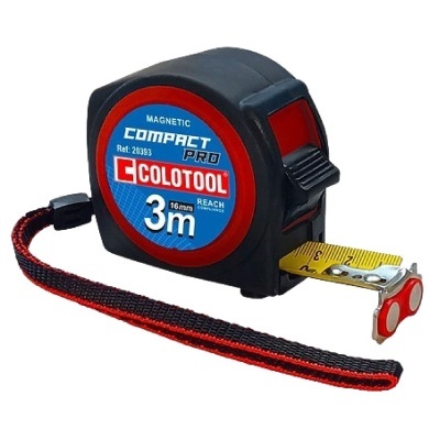 Trena compacta preta e vermelha com fita métrica amarela.