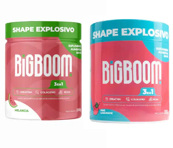 Frascos de suplemento alimentar BigBoom em pó 3em1 com diferentes sabores e cores
