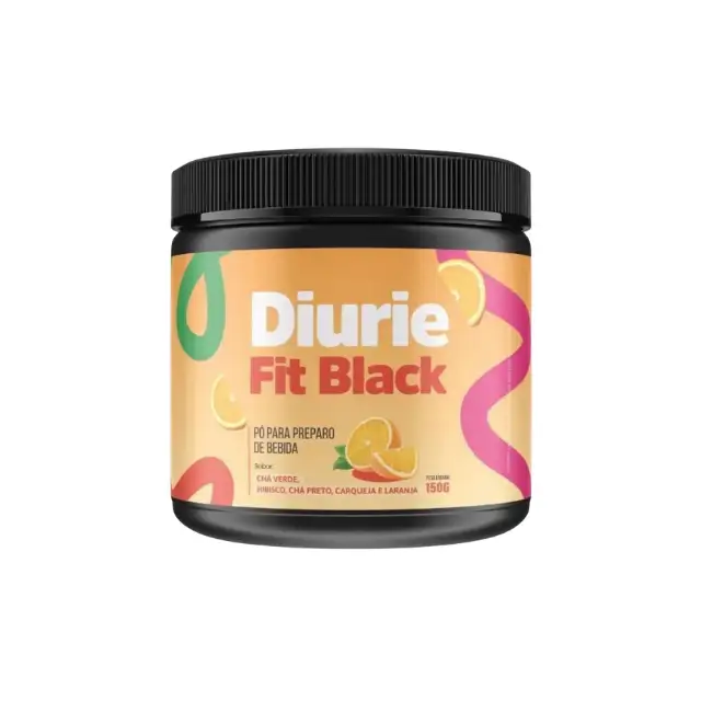 Frasco preto com pó para bebida Diurie Fit Black sabor chá verde e laranja