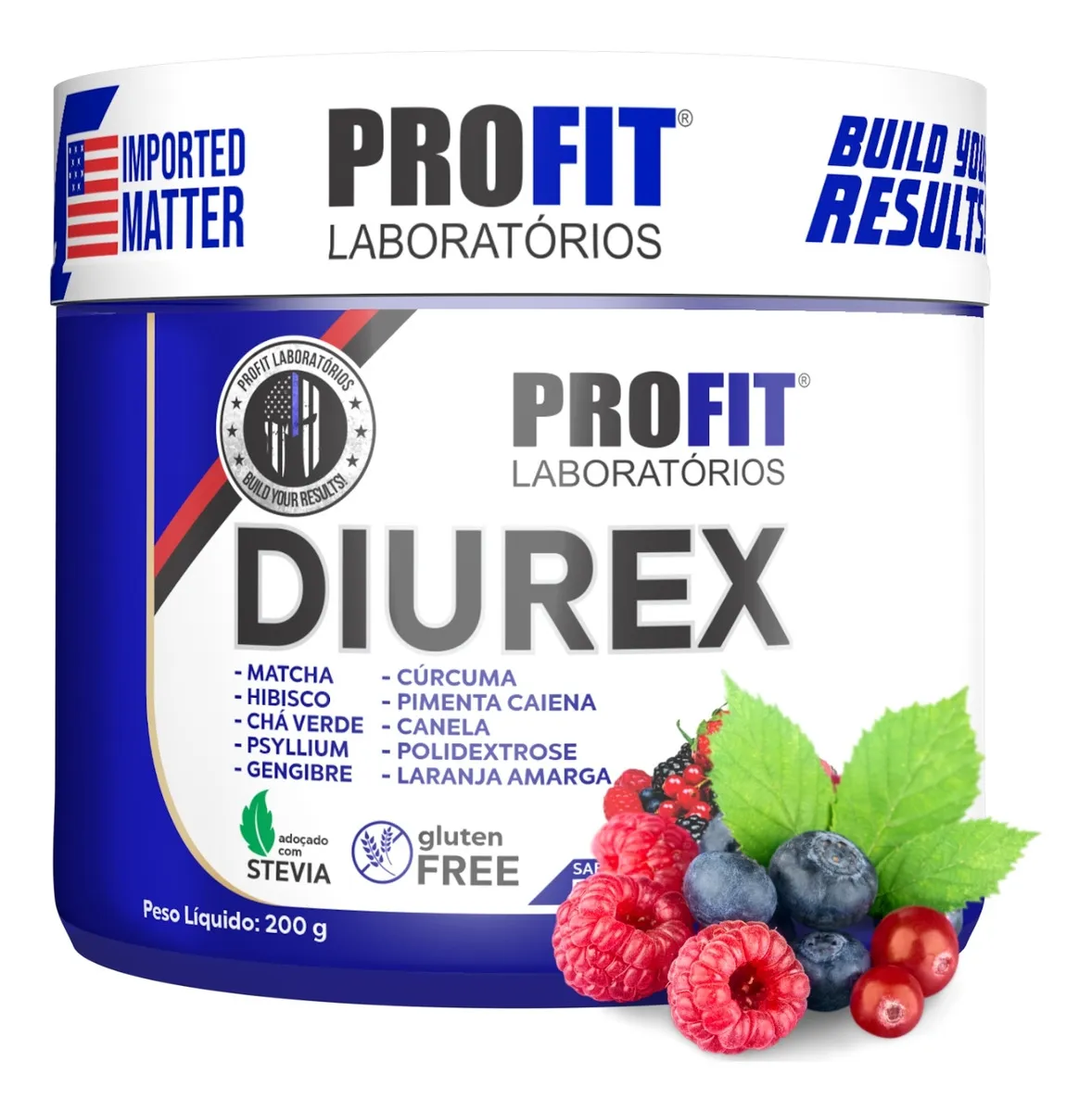 Embalagem branca e azul de suplemento DIUREX PROFiT com frutos vermelhos