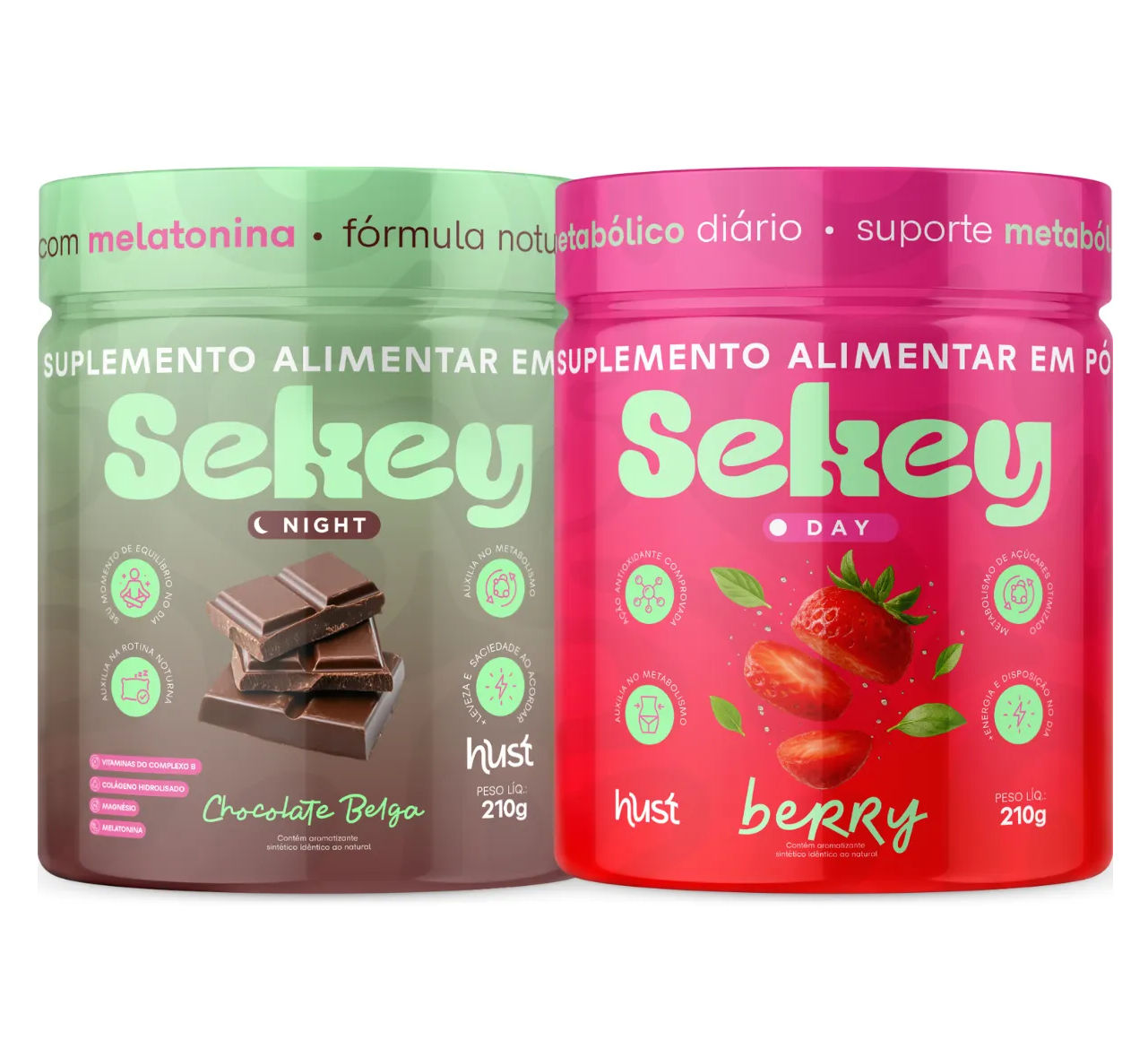 Dois frascos de suplemento em pó Sekey nas cores verde e rosa com imagens de chocolate e morangos