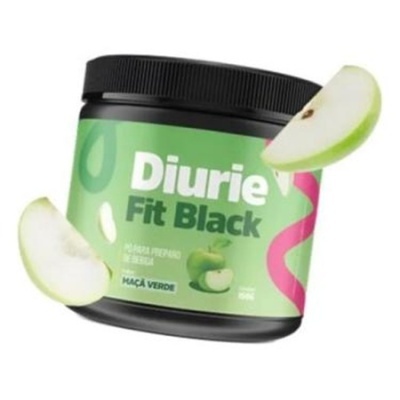 Frasco de suplemento alimentar Diurie Fit Black com rótulo verde e fatias de maçã verde