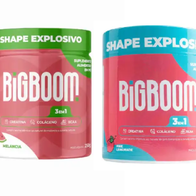 Frascos de suplemento alimentar BigBoom em pó 3em1 com diferentes sabores e cores
