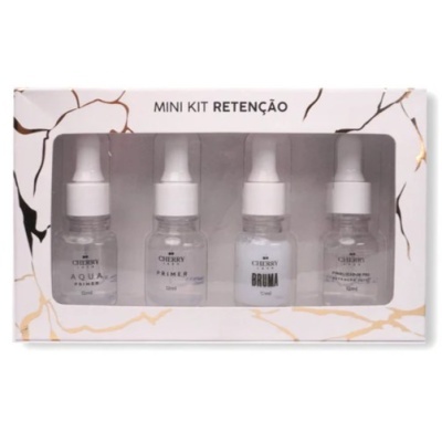 Mini kit retenção com quatro frascos pequenos em caixa branca decorada
