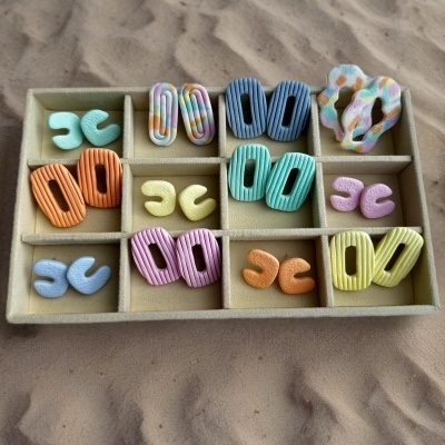 Caixa com doze pares de brincos coloridos sobre areia