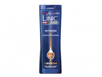 Frasco azul escuro de champô Linic Men Anti-Caspa com texto branco e dourado