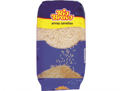 Pacote de arroz carolino RIO BRAVO azul e amarelo