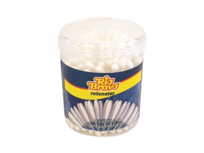 Frasco transparente com cotonetes Rio Bravo com etiqueta azul e amarela