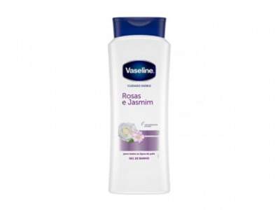 Frasco de gel de banho Vaseline Rosas e Jasmin branco com tampa azul