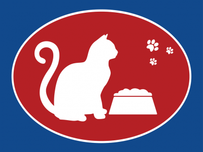 Silhueta branca de um gato com prato de comida dentro de um oval vermelho sobre fundo azul