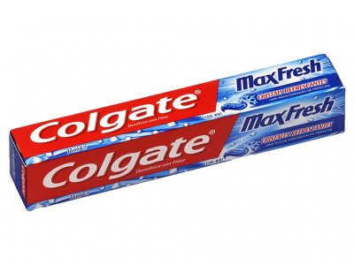 duas caixas de pasta de dentes Colgate MaxFresh em vermelho e azul