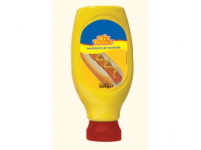 Frasco amarelo de mostarda Rio Bravo com tampa vermelha e imagem de cachorrinho-quente