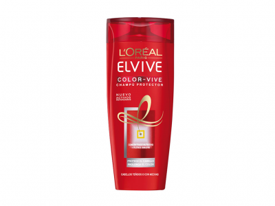 Frasco vermelho de champô L'Oréal Elvive Color-Vive com texto branco e dourado