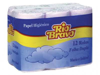 Pacote de papel higiénico Rio Bravo com 12 rolos e folha dupla em embalagem azul e amarela