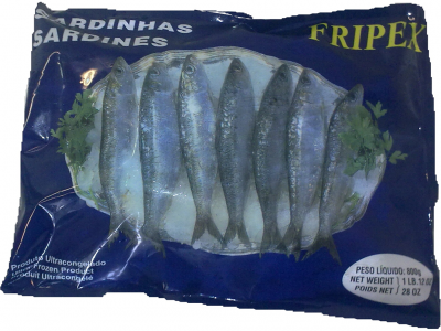Pacote azul de sardinhas congeladas com texto informativo e imagem do produto