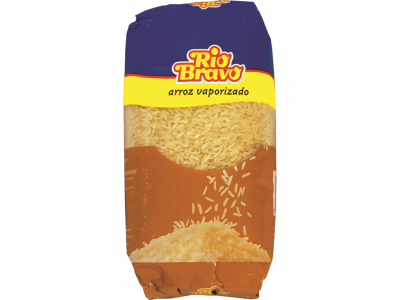 Pacote plástico de arroz vaporizado Rio Bravo com cores azul, amarelo e castanho
