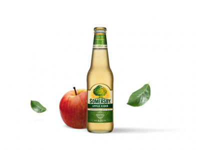 Garrafa de cidra Somersby Apple Cider com maçã e folhas verdes