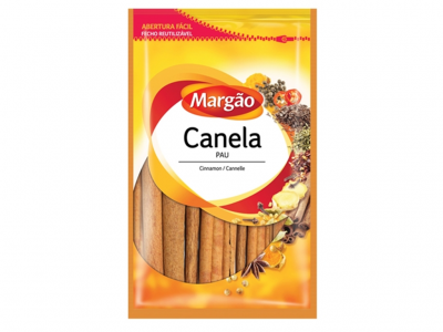 Embalagem de paus de canela Margão com rótulo amarelo e laranja