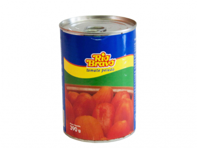 Lata de tomate pelado Rio Bravo 390 g com rótulo colorido e imagens de tomates