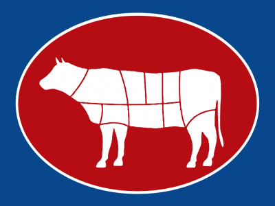 Gráfico de vaca branca dividida em cortes em fundo oval vermelho e azul