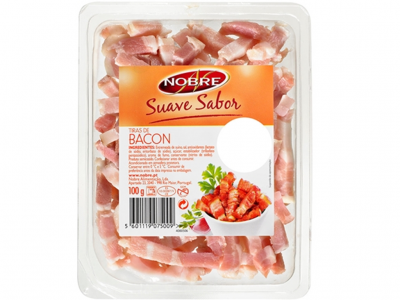 Pacote de tiras de bacon Nobre Suave Sabor com etiqueta laranja e imagem de bacon enrolado