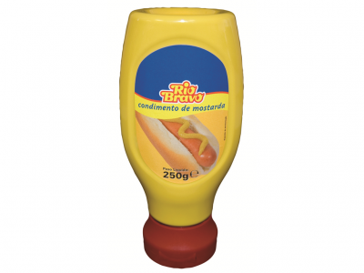 Frasco de condimento de mostarda Rio Bravo amarelo com tampa vermelha