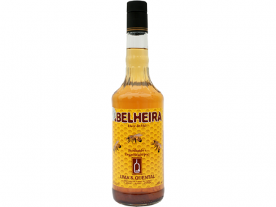 Garrafa de licor de mel Abelheira com rótulo amarelo e tampão preto