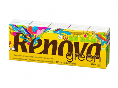 Caixa amarela de lenços Renova Green com desenhos coloridos e texto DO BEM.