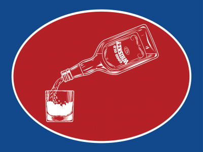 Ilustração de garrafa a verter whiskey num copo com fundo azul e vermelho