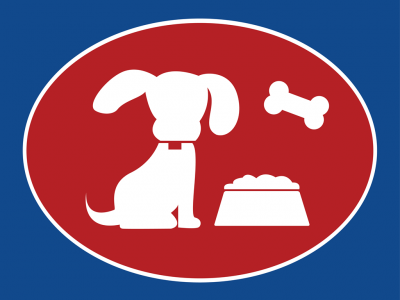 Ícone de cão branco sentado com tigela de comida e osso em fundo azul