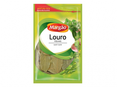Embalagem de folhas de louro da marca Margão com fundo verde e texto em branco