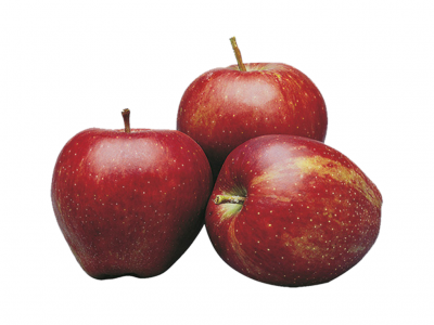 Três maçãs vermelhas com manchas amarelas sobre fundo branco