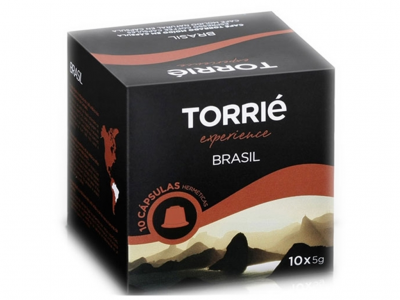 Caixa de cápsulas de café preta Torrié Experience Brasil com design de montanhas