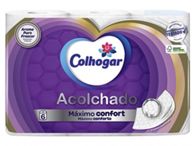 Pacote papel higiénico Colhogar Acolchado com seis rolos em fundo roxo